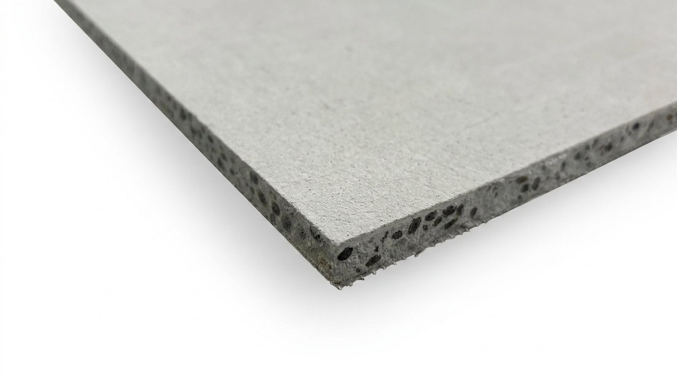 Close-up view of a high-density cement board showing the reinforced, porous aggregate core for superior strength.