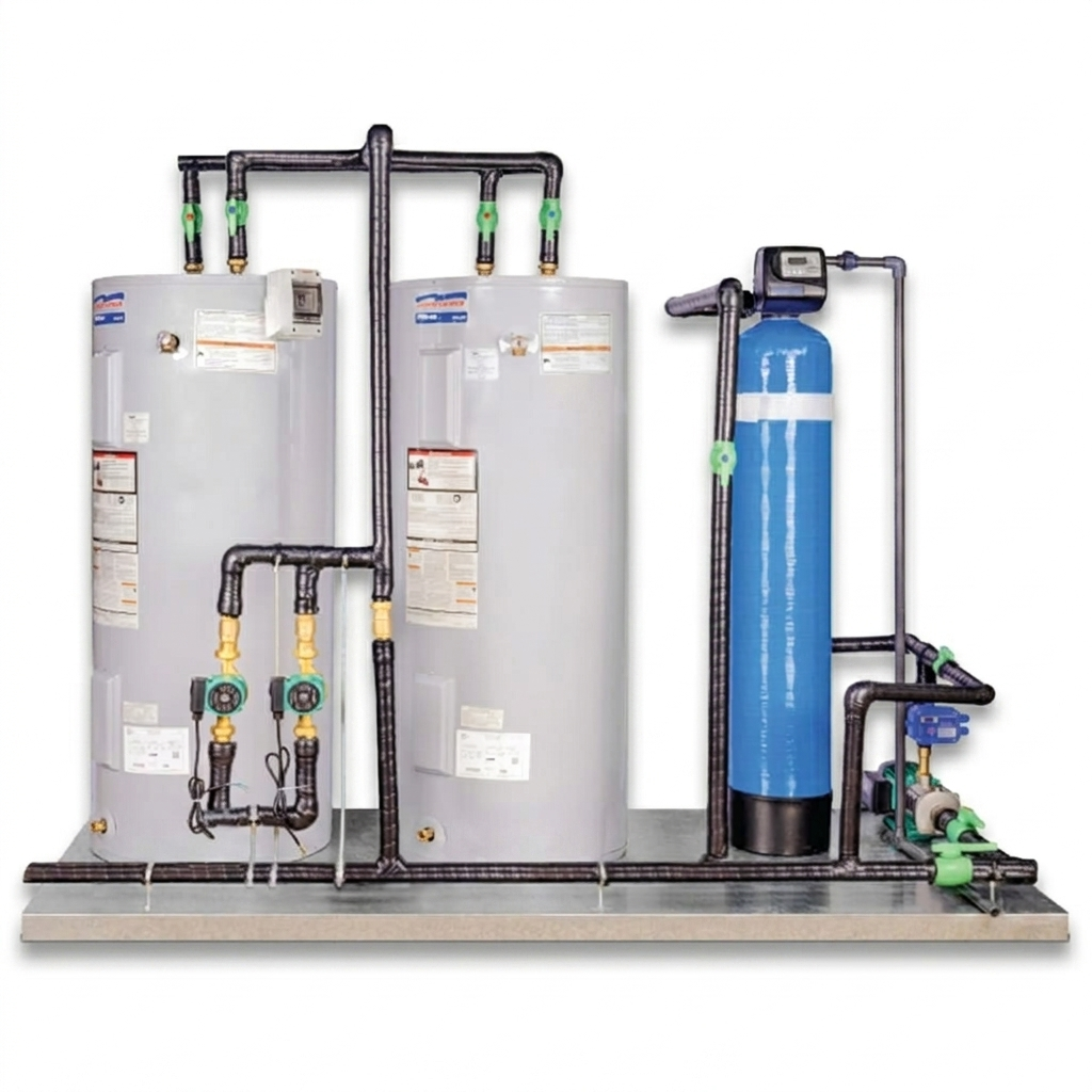 Professional commercial water heating and storage system installation with integrated filtration