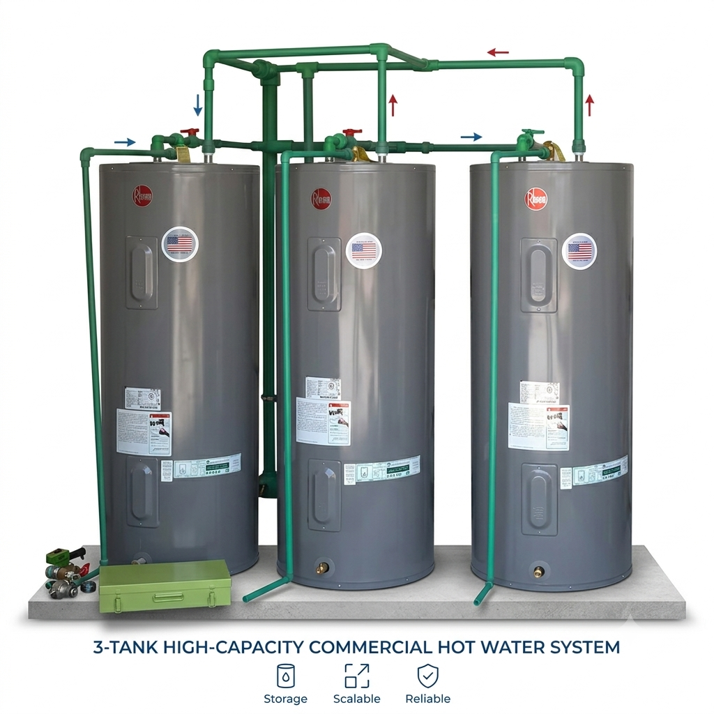 3-Tank High-Capacity Commercial Hot Water System featuring Rheem water heaters for reliable, scalable storage.