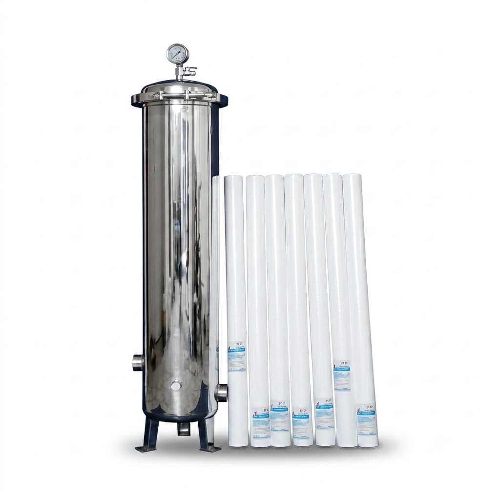 Industrial stainless steel water filter housing with replacement sediment cartridges for commercial water treatment systems.
