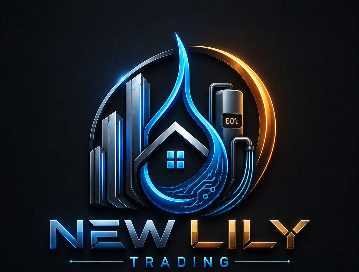 NEW LILY TRADING logo featuring building materials, water cooling systems, water heaters, and kitchen water purifier services